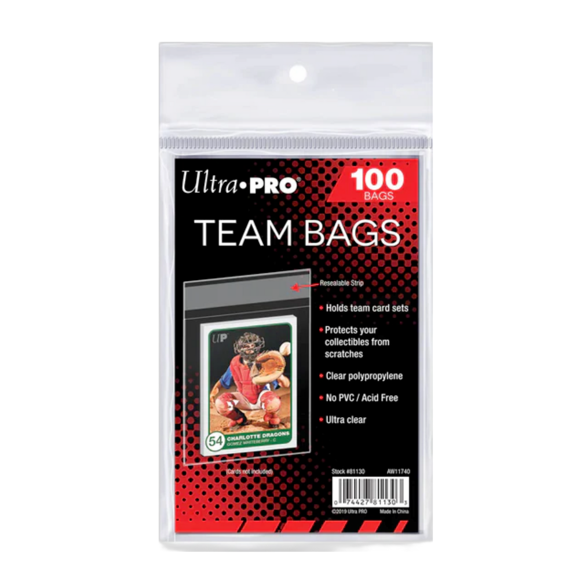 Ultra-Pro Team Bags 100ct, clear resealable card sleeves for sports memorabilia protection
