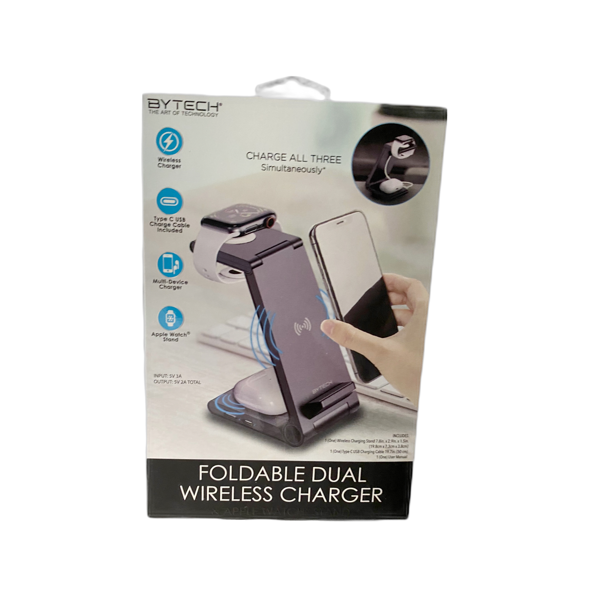 Black Foldable Dual Wireless Charger from Bytech, compact design, USB-C, for smartphones & tablets