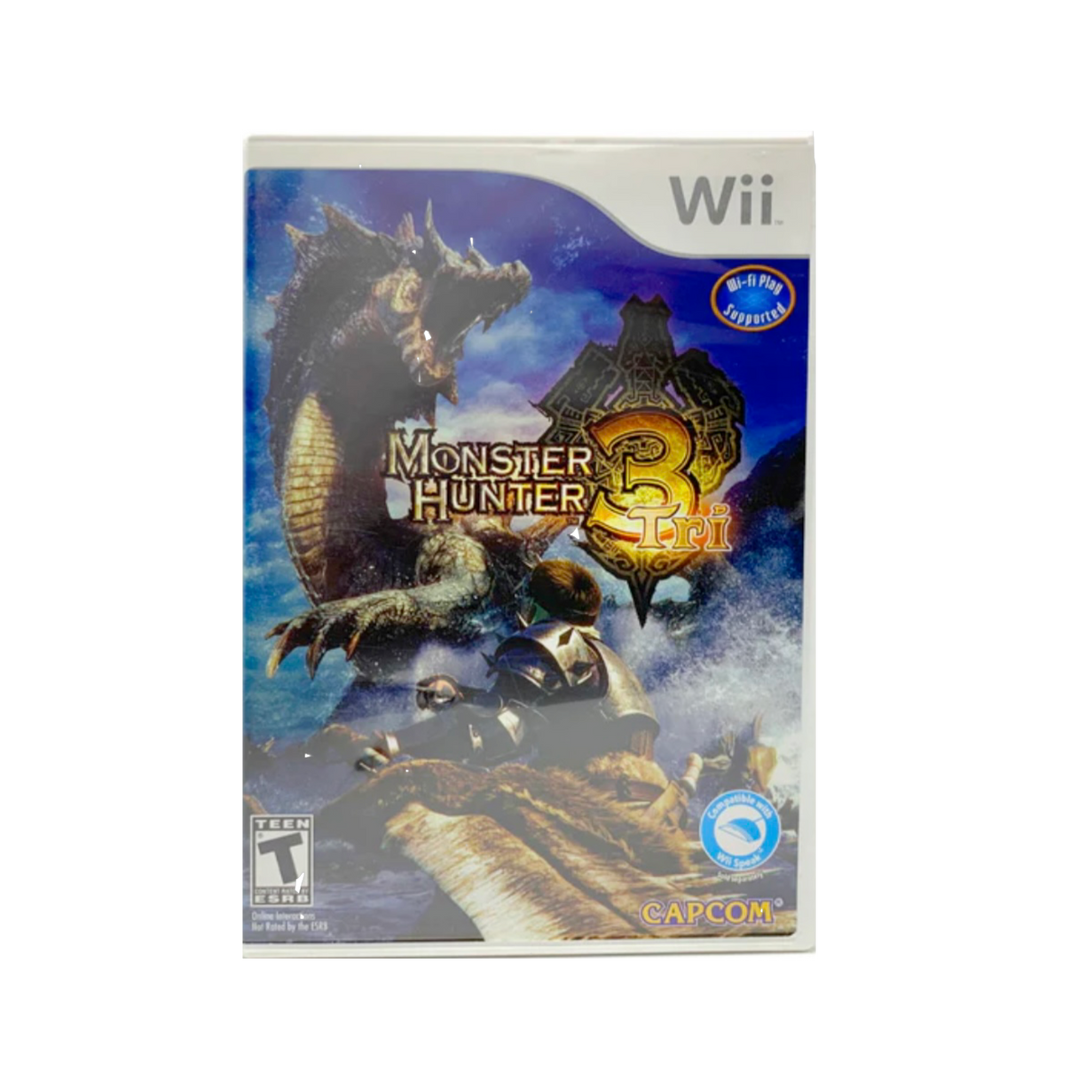 Monster Hunter 3 Wii game cover featuring epic dragon battle, action-adventure RPG for Nintendo console
