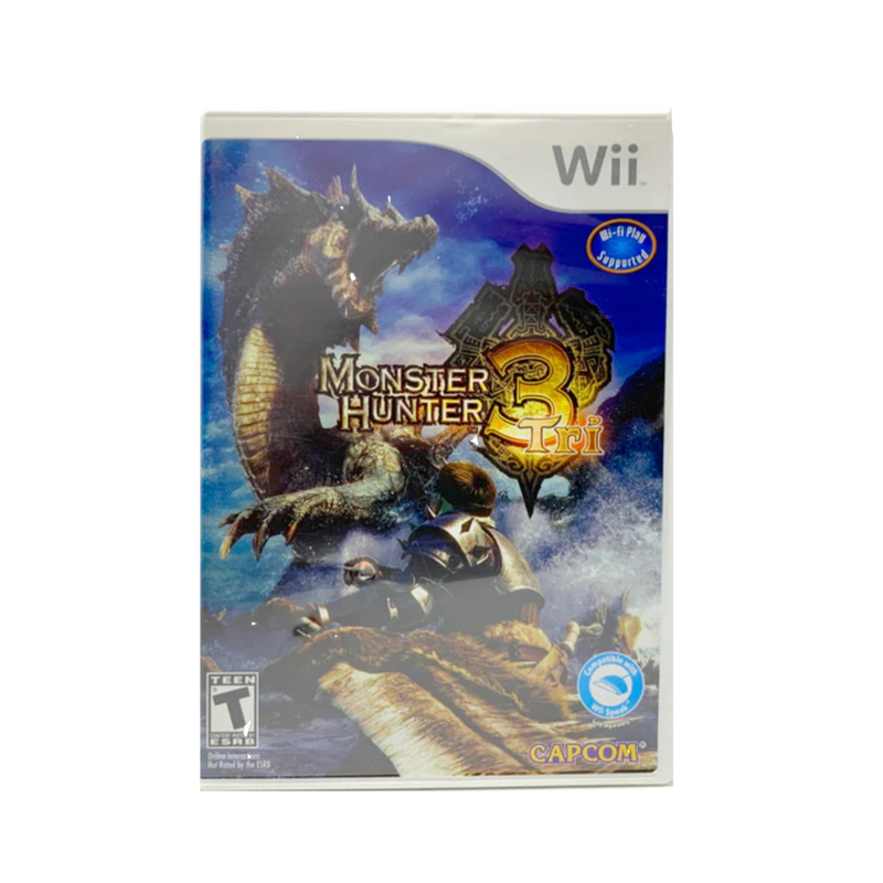 Monster Hunter 3 Wii game cover featuring epic dragon battle, action-adventure RPG for Nintendo console