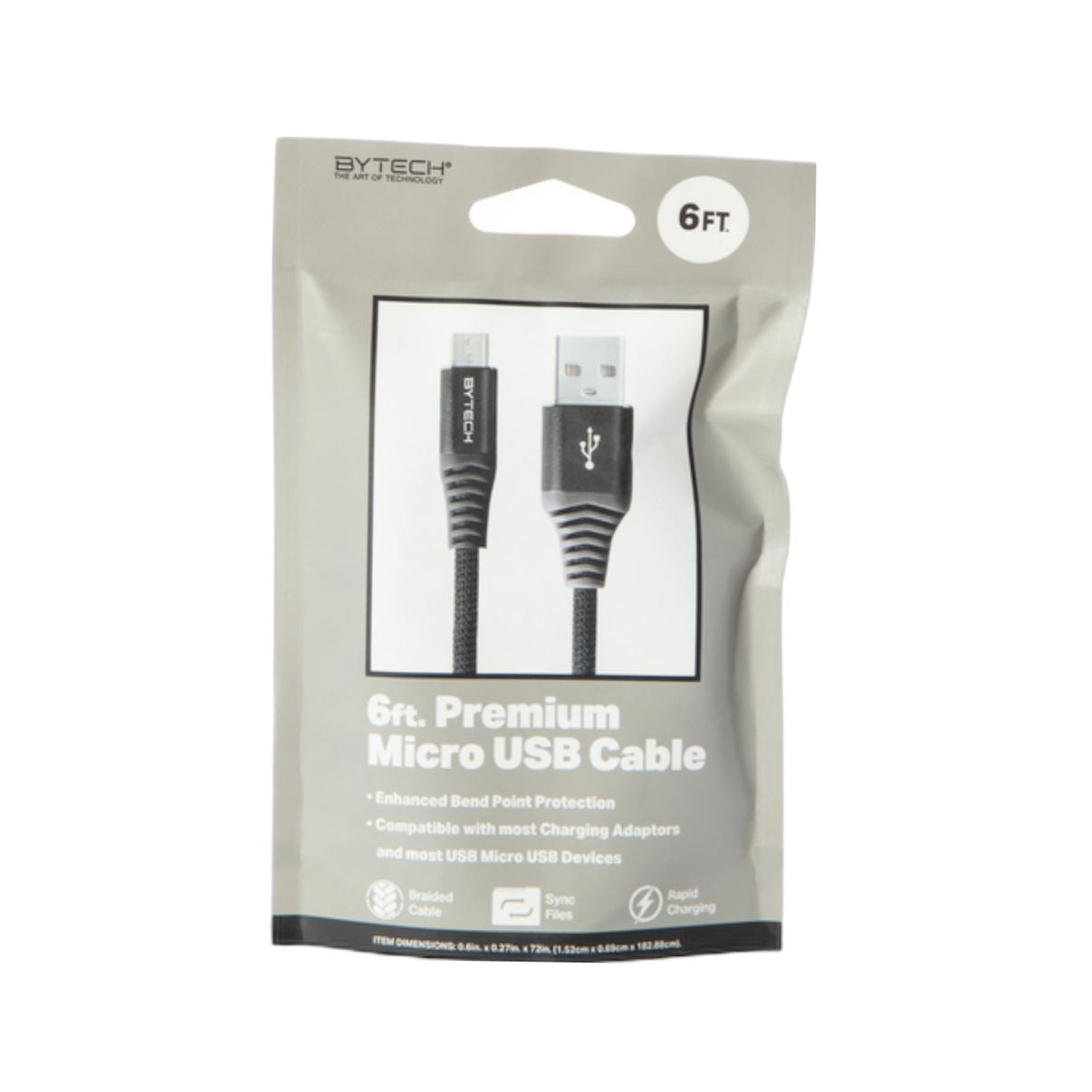 6ft long Micro USB to USB Cable in black, durable braided nylon, fast charging & data sync for Android devices